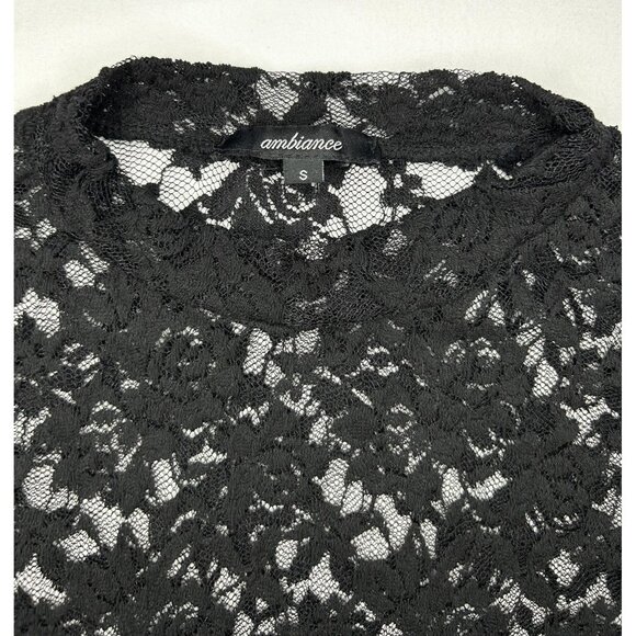 90's Ambiance Shirt Womens S Black Lace Sheer Cap Sleeve Scallop Hem Crop Top - Picture 6 of 14